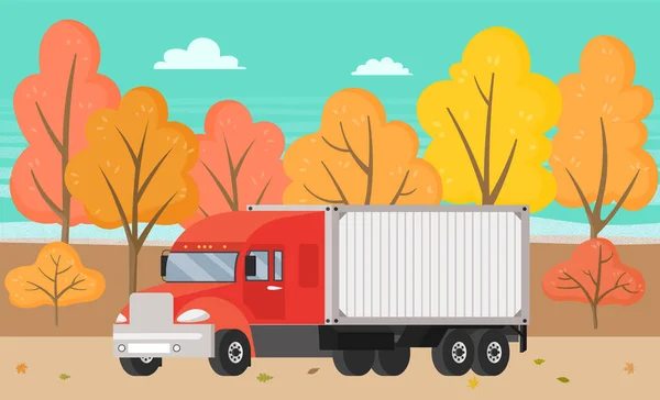 Camion de livraison promenades sur la route près des arbres d'automne. Wagon avec remorque pour le transport de marchandises dans le monde entier — Image vectorielle