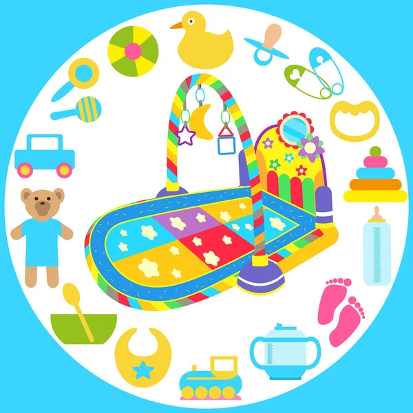 Salon de détente pour bébé entouré d'objets de puériculture, fournitures pour nouveau-nés — Image vectorielle