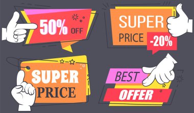 Büyük satış afişi. İndirim ve indirim. Reklam deyimine işaret eden insan eli ile büyük indirim.