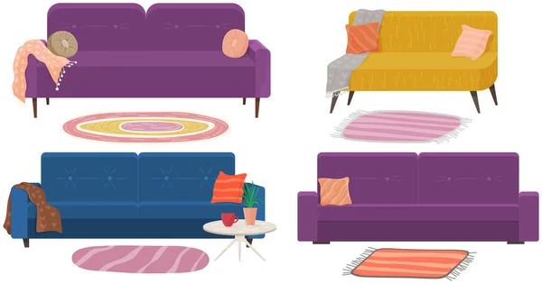 Sofa set with pillows and carpet. Living room furniture design concept modern home interior element — ストックベクタ