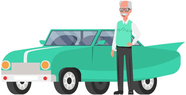 Hombre calvo mayor junto a su transporte personal. Anciano personaje masculino en gafas cerca de coche retro — Vector de stock
