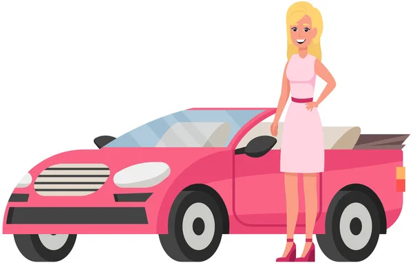 아름다운 머리에 분홍 자동차 옆에는 예쁜 여자가서 있다. 운전하는 금발 여자 — 스톡 벡터