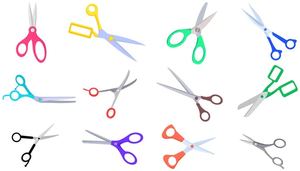 Various shapes scissors set. Tool made of blades and plastic handles. Equipment for creativity — Stock Vector