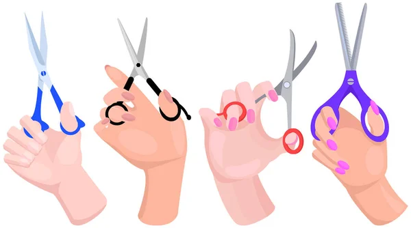 Various shapes scissors set in human hands. Tool made of blades and handles to cut materials — Stockvektor