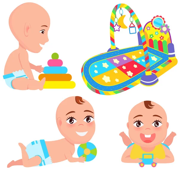 Giocare con i giocattoli bambini felici impostato vicino a sviluppare tappeto. Tappetino con giocattolo e oggetti educativi — Vettoriale Stock