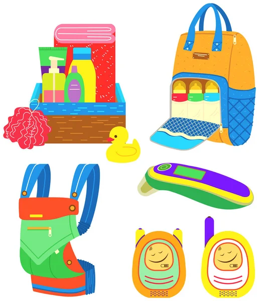 Newborn items supplies, baby monitor, backpack with bottles, bath accessories, thermometer icons — Vettoriale Stock