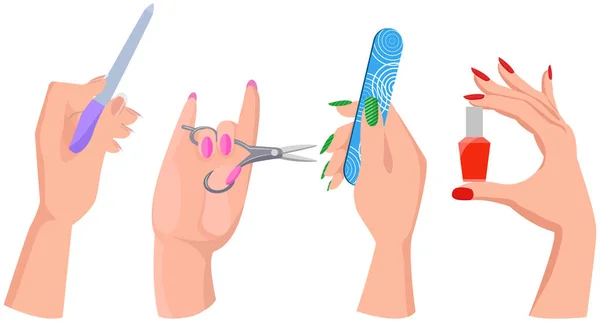 Accessories and tools for working with hand and nails. Scissors, nail file, polish in woman hands — Stock vektor