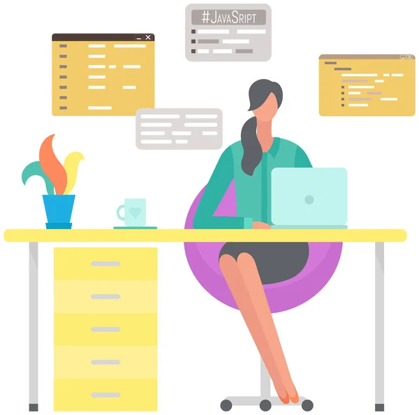 Programador profesional escribiendo código para probar software informático. Mujer trabajando con portátil — Archivo Imágenes Vectoriales