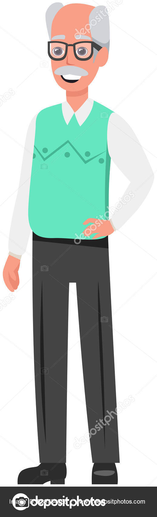 안경 과 조끼를 입은 늙은 대머리 남자. 나이가 많은 연금 생활자, 흰머리를 한 은퇴 한 남성 성격 스톡 벡터 - ©robuart  539734886, image size:518x1700