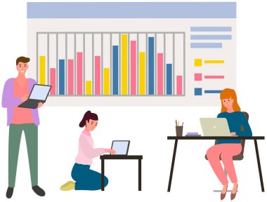 Çalışanlar istatistiksel göstergeleri, iş verilerini analiz ederler. Karakterler pazarlama araştırmalarıyla çalışır