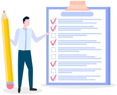 Ay çizelgesi, yapılacaklar listesi, zaman yönetimi. İşadamı kontrol ve planlama listesinin yanında duruyor