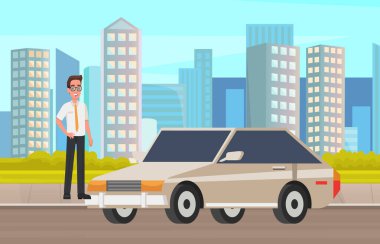 Gözlüklü adam eski arabanın yanında duruyor. Takım elbiseli, kravatlı, şahsi aracının yanında erkek karakter.