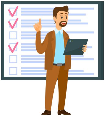 Ay çizelgesi, yapılacaklar listesi, zaman yönetimi. İşadamı kontrol ve planlama listesinin yanında duruyor