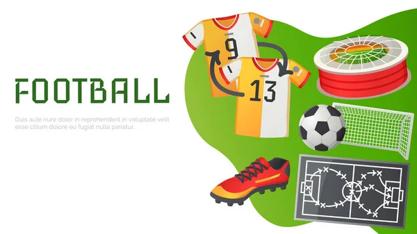 Sport voetbal vector banner, voetbal symbolen set. Uniform, bal en stadion, teamkampioenschap — Stockvector