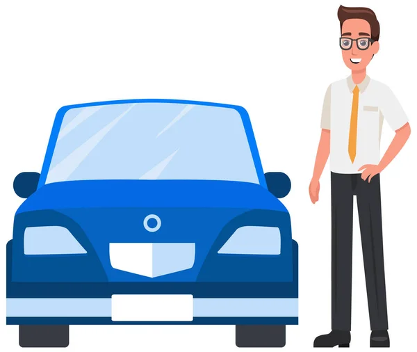 Muž v brýlích stojí u starého auta. Muž v obleku s kravatou vedle svého osobního transportu — Stockový vektor