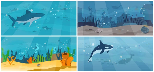 Set of illustrations with marine world, ocean bottom. Underwater fauna with fishes, seaweed, whales — стоковый вектор
