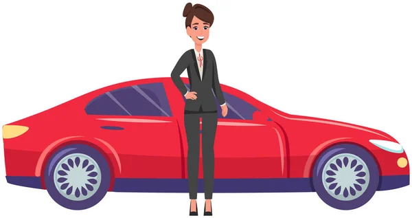 Mujer de negocios al lado del transporte personal. Mujer en traje de negocios, empresario cerca de coche caro — Vector de stock