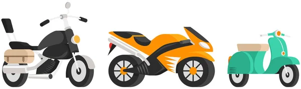 Motosiklet ve motorsiklet düz taşıyıcı ayarlandı. Motosiklet ve scooter, bisiklet ve moped, motosiklet — Stok Vektör