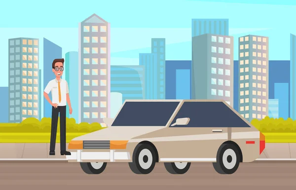 Gözlüklü adam eski arabanın yanında duruyor. Takım elbiseli, kravatlı, şahsi aracının yanında erkek karakter. — Stok Vektör