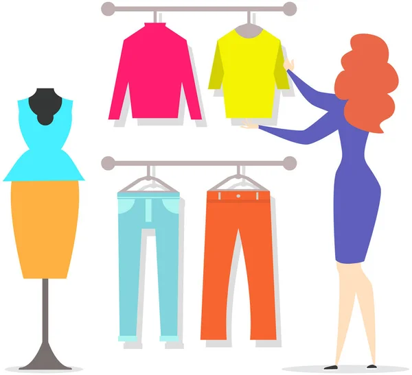 Mujer de pie delante de perchas y la elección de equipo. Chica de compras en la tienda de ropa, boutique — Archivo Imágenes Vectoriales