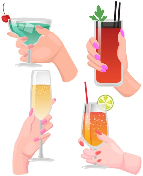 Cócteles alcohólicos, bebidas tropicales. Manos sosteniendo champán, María sangrienta, martini y limonada — Vector de stock
