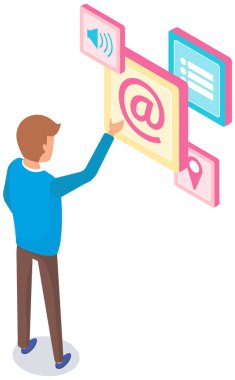 Teknoloji yazılımı okuyan bir adam. Akıllı telefon uygulamalarının, sosyal medyanın, telefon programlarının simgeleri