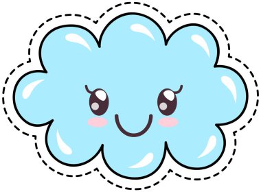 Gülümseyen bulut Kawaii karakteri. Gökyüzünün mavi nesnesi. Bulutlu havanın sembolü. Komik şirin surat.