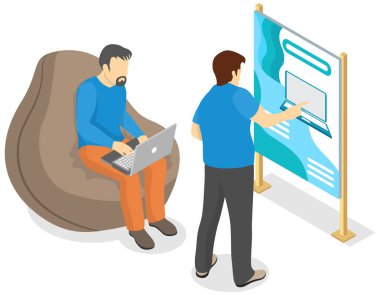 Dostum dizüstü bilgisayarı gösteren afişe bak. Uzmanlar elektronik aygıtı inceliyor, bilgisayarla çalışıyorlar