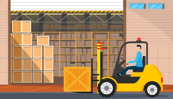 Chariot élévateur avec boîte dans le bâtiment d'entrepôt ou quai de chargement. Travail avec la livraison dans le concept de stockage — Image vectorielle