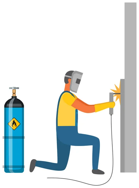 Człowiek spawa metal w pobliżu butli gazowej. Spawacz pracuje z wyposażeniem obok zbiornika łatwopalnego — Wektor stockowy