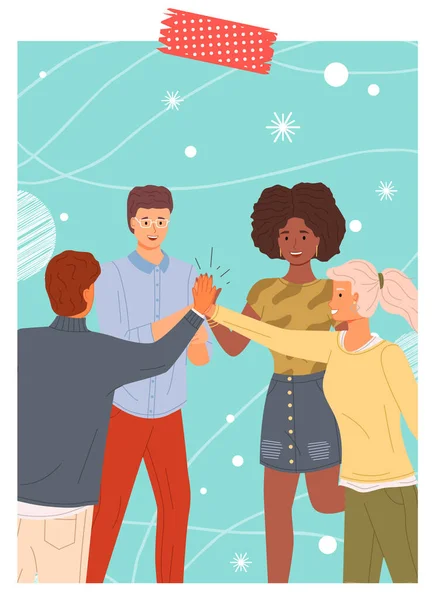 Team, colleagues during greeting. People giving five to each other standing with hands together — Stock Vector