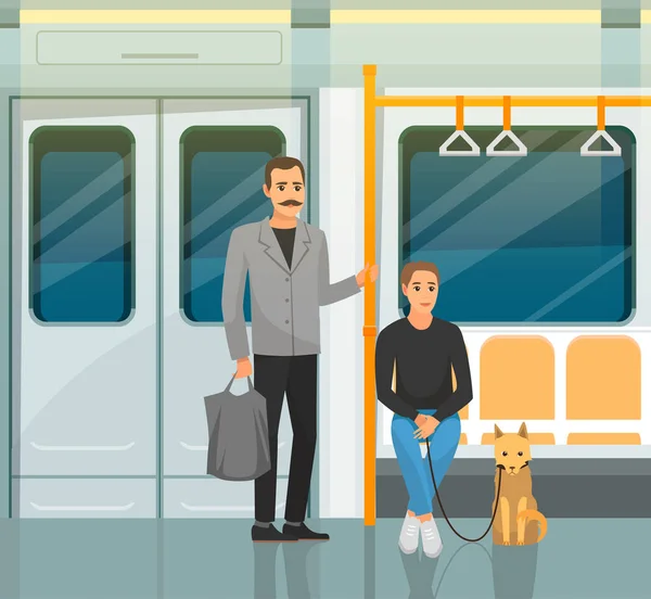 Homme d'affaires et femme avec chien voyagent en voiture de métro. Transport public souterrain passagers — Image vectorielle