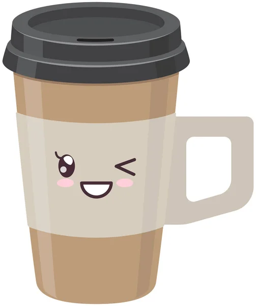 กาแฟถ้วยกระดาษน่ารักเพื่อไปสติ๊กเกอร์ไอคอนคาวาย เครื่องดื่มร้อนที่มีอารมณ์เชิงบวกสไตล์ญี่ปุ่น — ภาพเวกเตอร์สต็อก