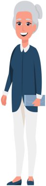 Elderly female character with gray hair. Pensioner, retired lady standing with handbag in her hand