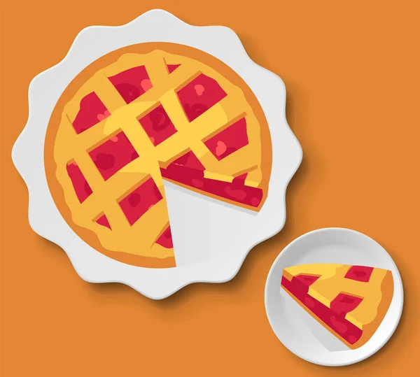 Cherry pie and piece of cake on plates. Bakery, homemade pastry with red berries on plate — Vector de stock