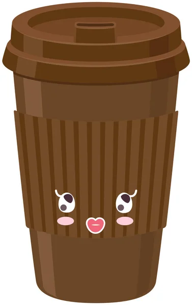 종이컵에 담긴 귀여운 커피는 스티커가 붙은 카와 비아이콘 이 되죠. 일본식으로 긍정적 인 감정을 가진 따끈 한 음료 — 스톡 벡터