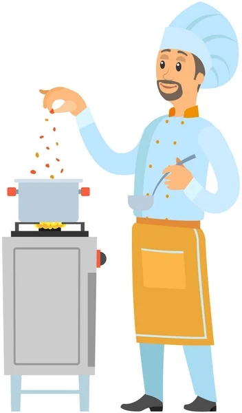 Человек готовит блюдо, добавляя специи к еде. Шеф-повар работает с кухонным оборудованием, ингредиентами для еды — стоковый вектор