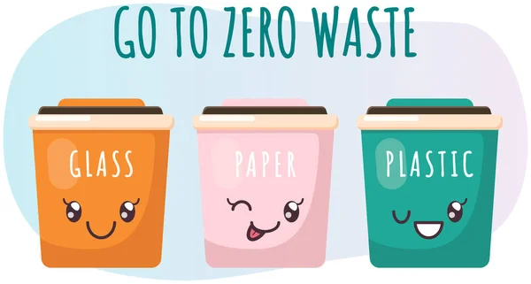 Contenedores de clasificación de basura en estilo kawaii lindo. Diferentes contenedores de reciclaje con emociones positivas — Vector de stock