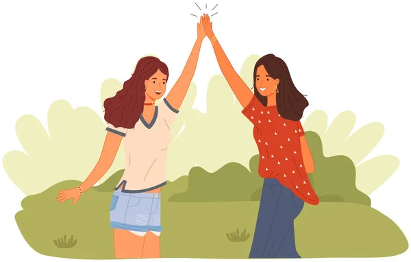 Women greeting each other. Female characters give five and rejoice standing with hands together — Stockvektor