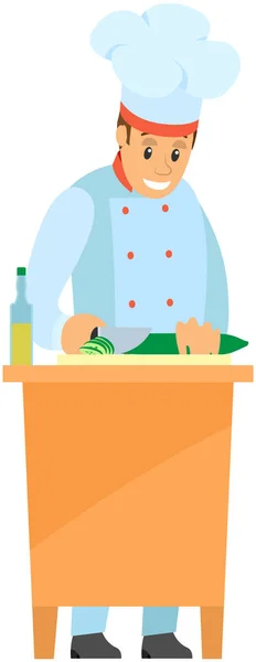 Man with knife preparing cucumber, vegetable for salad. Cook cuts ingredients to healthy meal — Stock Vector