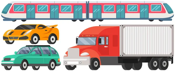 Διάφοροι τύποι εμπορευματικών, επιβατικών και δημόσιων μεταφορών. Χερσαία και υπόγεια οχήματα, αυτοκίνητα — Διανυσματικό Αρχείο