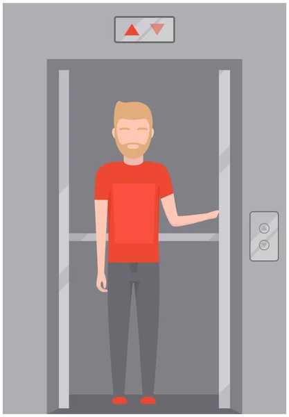 Ascenseur en verre pour le transport de personnes entre les étages. L'homme se tient dans un ascenseur moderne avec des portes en fer — Image vectorielle