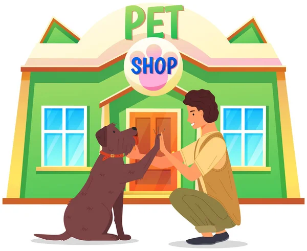 Dog and man give high five on background of pet shop. Owner and his puppy are playing, greeting — Archivo Imágenes Vectoriales