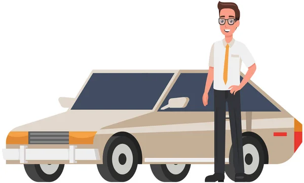 Un hombre con gafas parado cerca de un auto viejo. Personaje masculino en traje con corbata junto a su transporte personal — Vector de stock