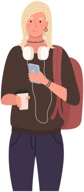University or college student standing with phone and coffee. Schoolgirl studying with smartphone