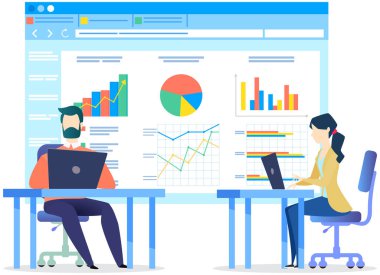 Business team surfing internet, analysing data. People use computers to prepare statistical report