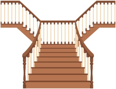 Ladder with steps, balusters and handrails. Stairs, classical stairsace with wooden banisters