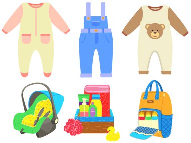 Clothing for children, long sleeve jumpsuits near car seat, bath accessories, backpack with bottles