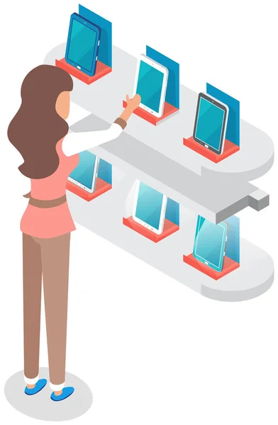 Woman looks at smartphones, tablets at exhibition. Female character near promotion stand with phones — Vector de stock