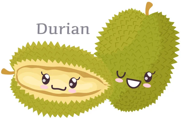 Buah tropis dengan emosi positif. Durian, eksotis makanan stiker kawaii ikon dengan wajah tersenyum - Stok Vektor